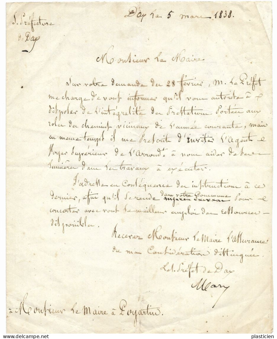 LETTRE MANUSCRITE SOUS PREFECTURE DES LANDES (40) DAX ,  AU MAIRE DE POYARTIN (LANDES, CHALOSSE) 1838 - Manuscripten