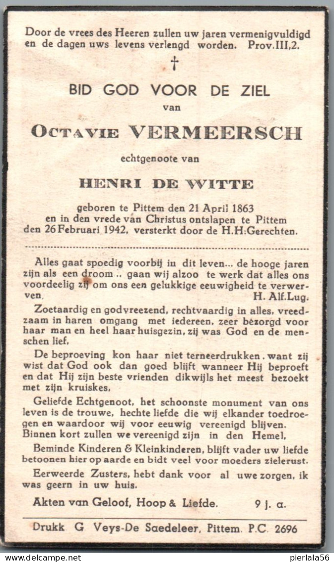Bidprentje Pittem - Vermeersch Octavie (1863-1942) - Imágenes Religiosas
