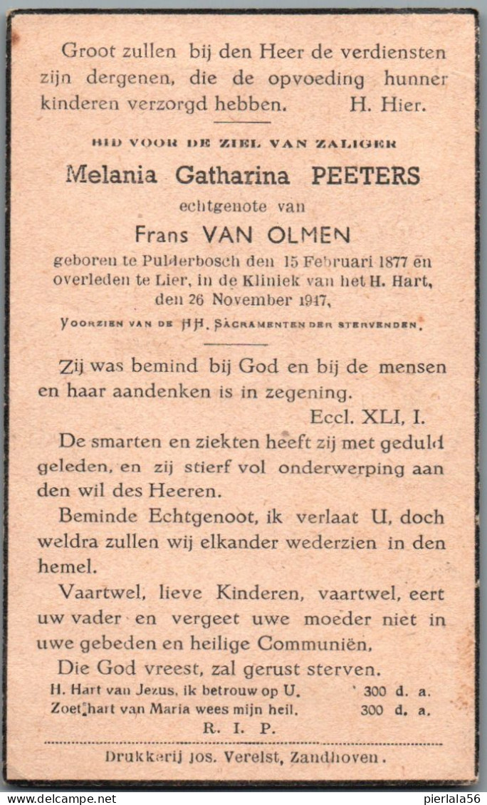 Bidprentje Pulderbos - Peeters Melania Gatharina (1877-1947) - Images Religieuses