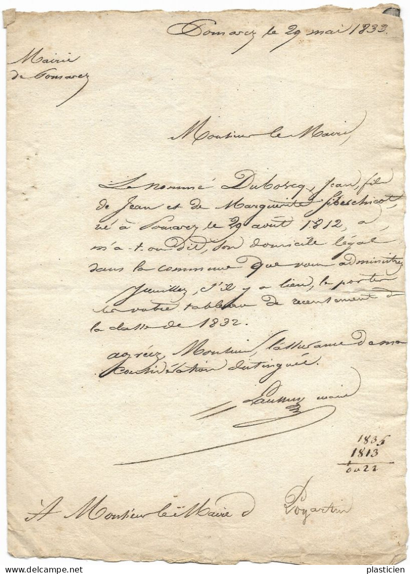 LETTRE MANUSCRITE MAIRE DE POMAREZ (40)  ,  AU MAIRE DE POYARTIN (LANDES, CHALOSSE) 1833 - Manuscripts