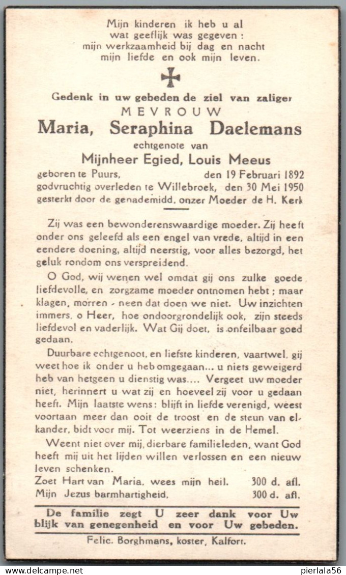 Bidprentje Puurs - Daelemans Maria Seraphina (1892-1950) - Imágenes Religiosas