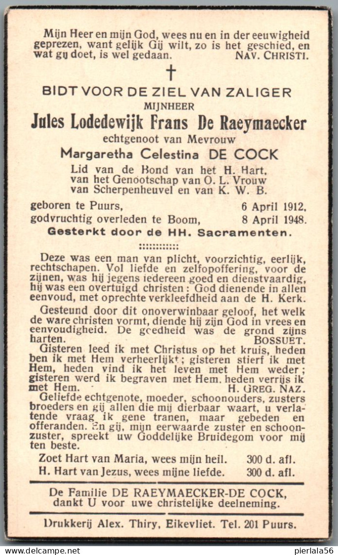 Bidprentje Puurs - De Raeymaecker Jules Lodewijk Frans (1912-1948) - Andachtsbilder