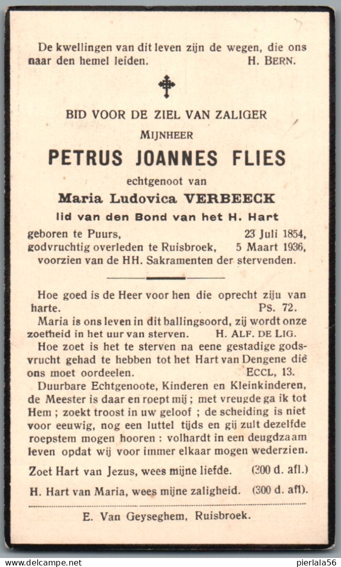 Bidprentje Puurs - Flies Petrus Joannes (1854-1936) - Images Religieuses