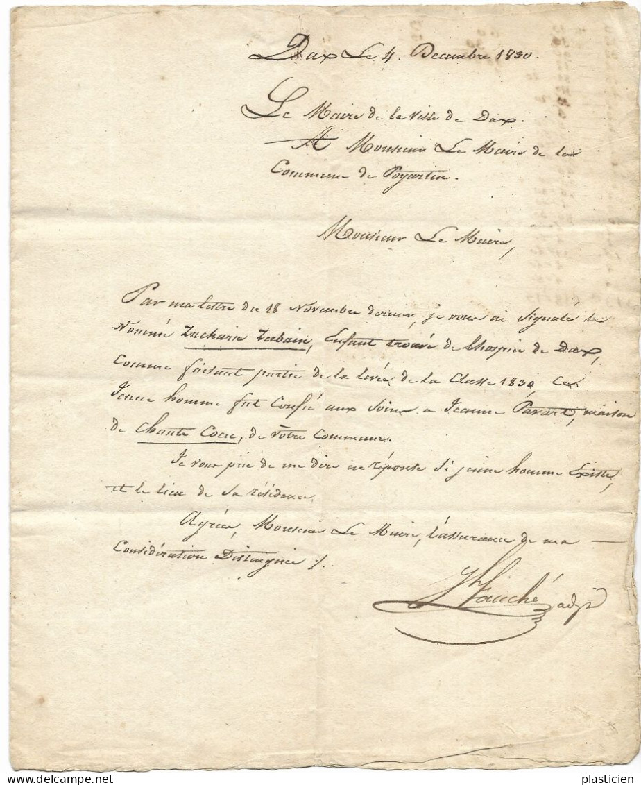 LETTRE MANUSCRITE MAIRE DE DAX (40)  , AU MAIRE DE POYARTIN (LANDES, CHALOSSE) 1830 - Manuscripten