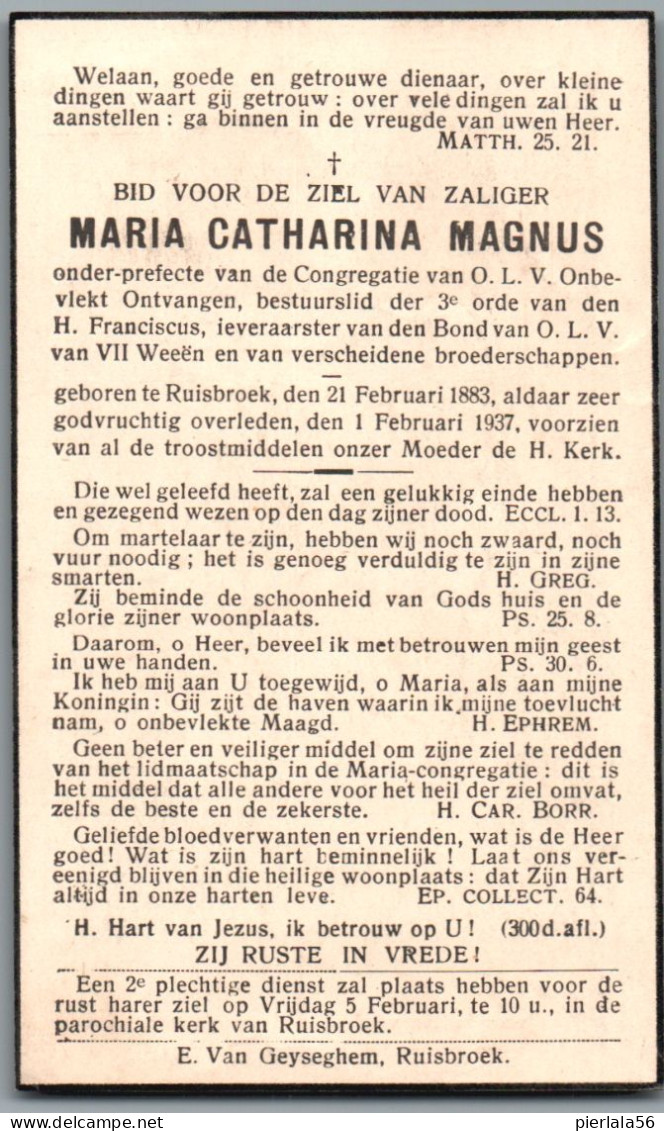 Bidprentje Ruisbroek - Magnus Maria Catharina (1883-1937) - Images Religieuses