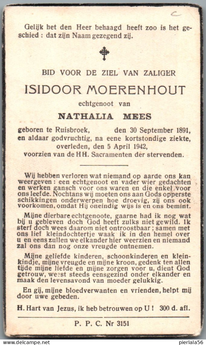 Bidprentje Ruisbroek - Moerenhout Isidoor (1891-1942) - Imágenes Religiosas