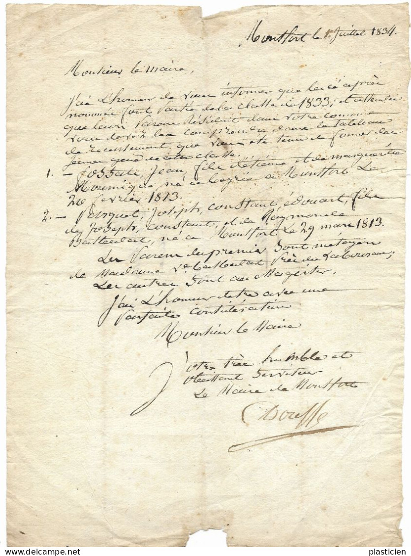 LETTRE MANUSCRITE MAIRE DE MONTFORT EN CHALOSSE (40)  , AU MAIRE DE POYARTIN (LANDES, CHALOSSE) 1834 - Manuscrits