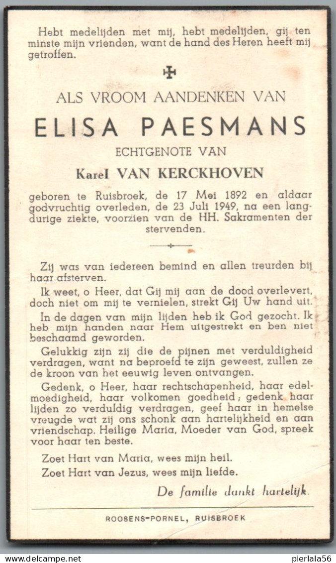 Bidprentje Ruisbroek - Paesmans Elisa (1892-1949) - Images Religieuses