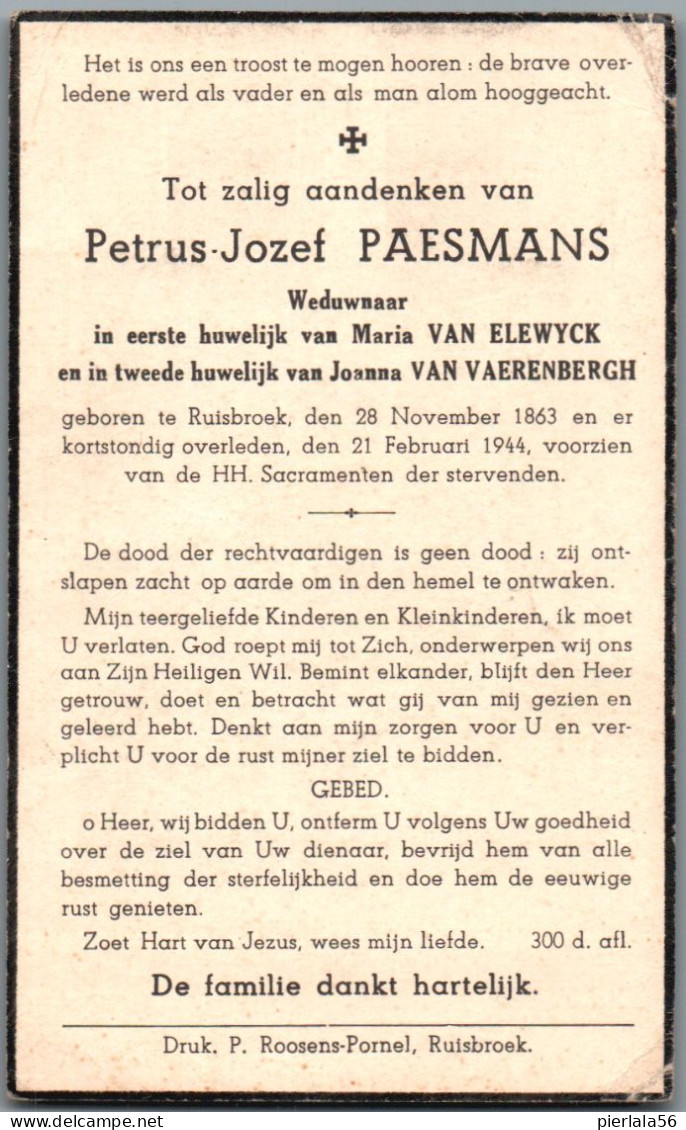Bidprentje Ruisbroek - Paesmans Petrus Jozef (1863-1944) - Andachtsbilder