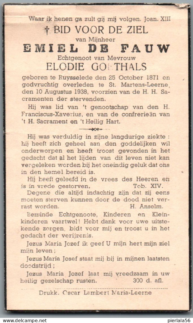 Bidprentje Ruiselede - De Fauw Emiel (1871-1938) Plooi - Andachtsbilder