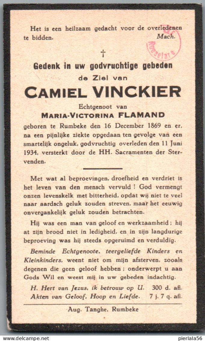 Bidprentje Rumbeke - Vinckier Camiel (1869-1934) Ongeval - Andachtsbilder