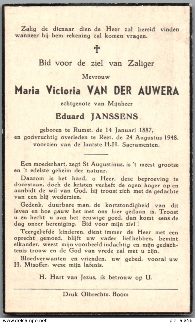 Bidprentje Rumst - Van Der Auwera Maria Victoria (1887-1948) - Andachtsbilder