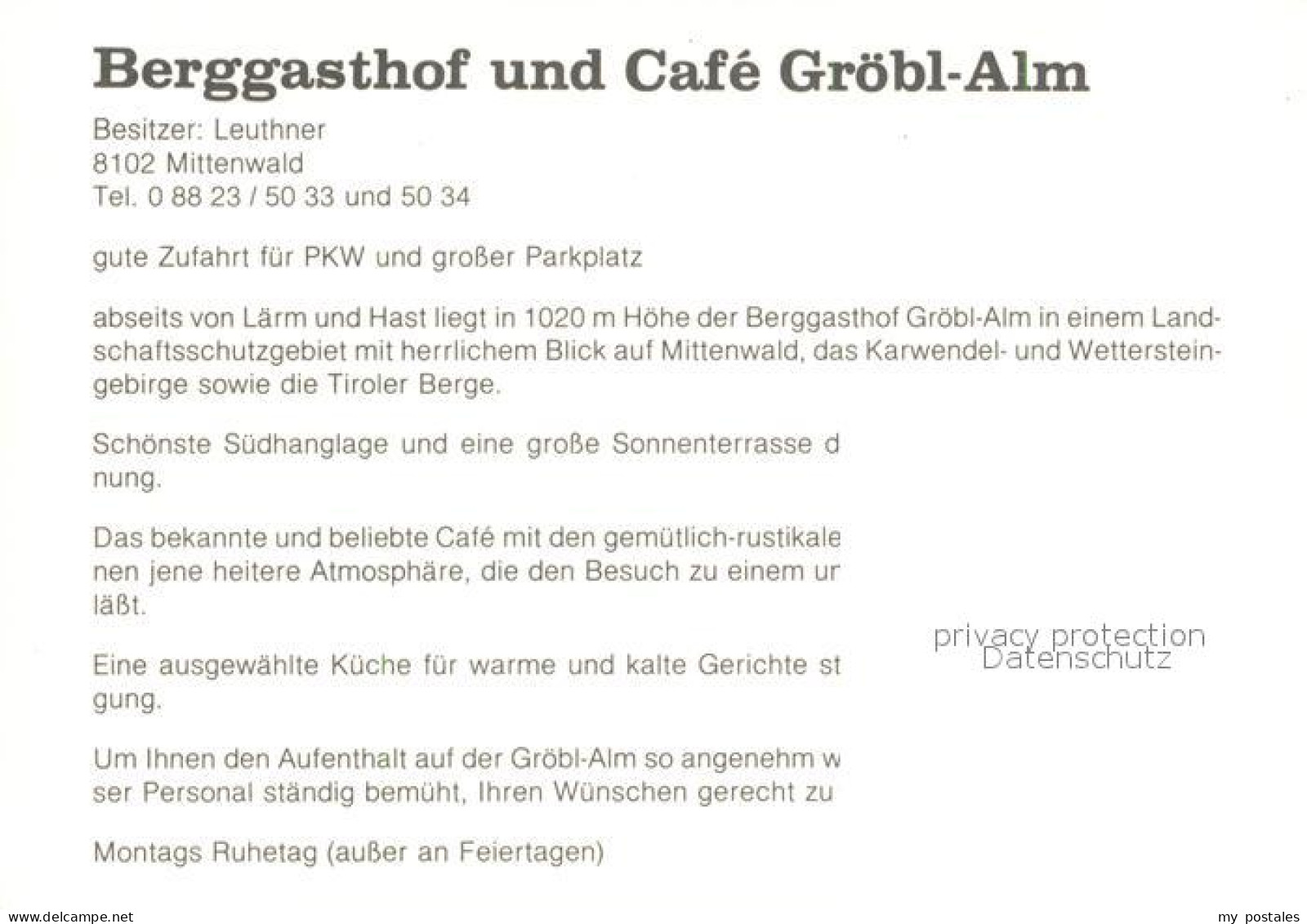 73326084 Mittenwald Bayern Berggasthof Cafe Groebl Alm Alpen Mittenwald Bayern - Mittenwald