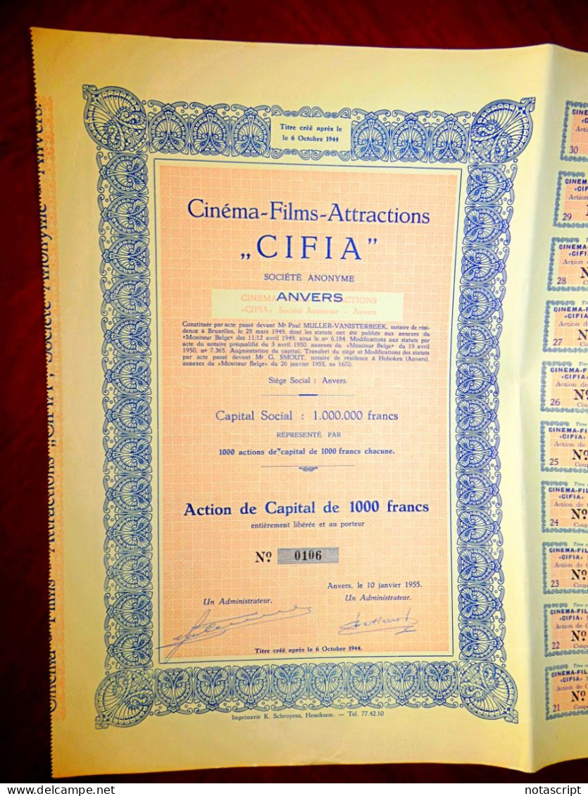 Cinéma Films Attractions CIFIA, Anvers 1955 Belgium  Sharecertificate - Cinéma & Théatre