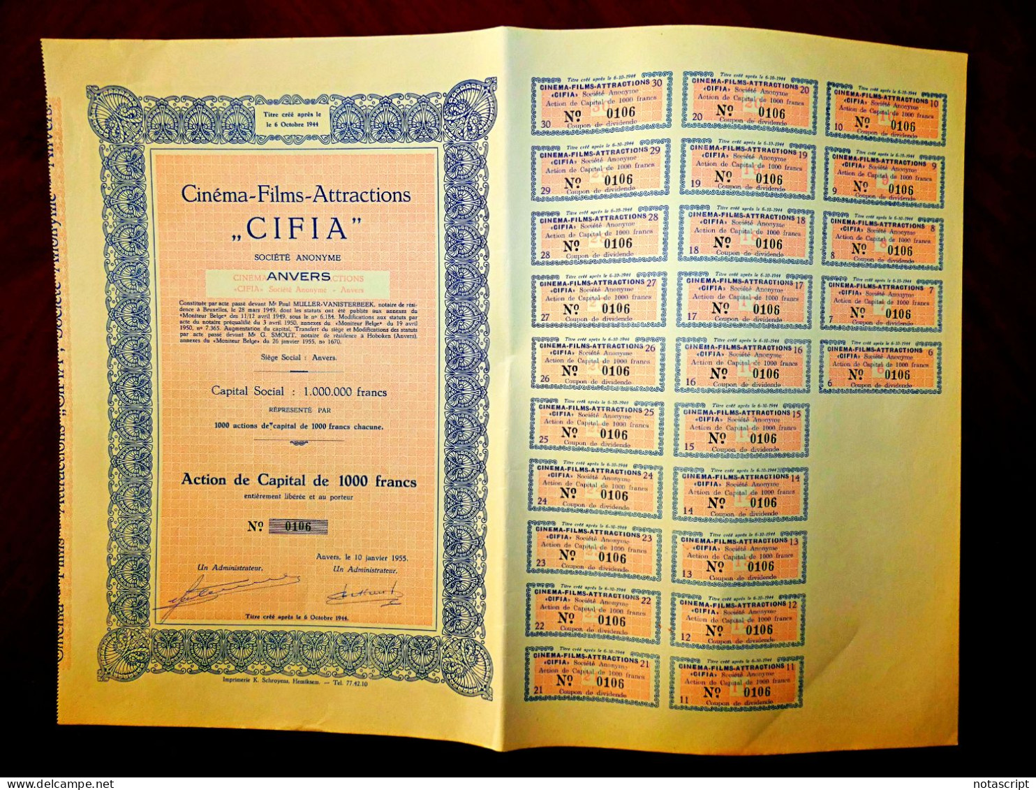 Cinéma Films Attractions CIFIA, Anvers 1955 Belgium  Sharecertificate - Cine & Teatro