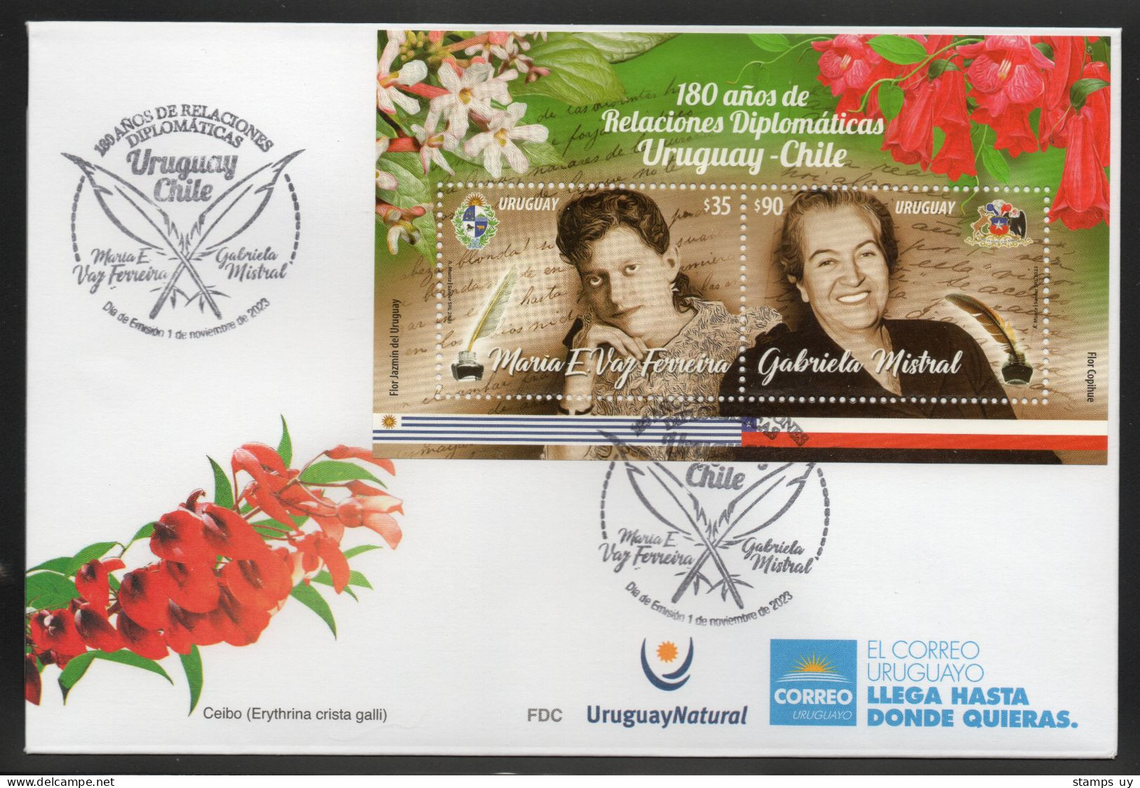 URUGUAY 2023 (Diplomacy, Chile, Poets, M E Vaz Ferreira, Gabriela Mistral, Nobel Prize, Literature, Flowers) - 1 FDC - Stamps