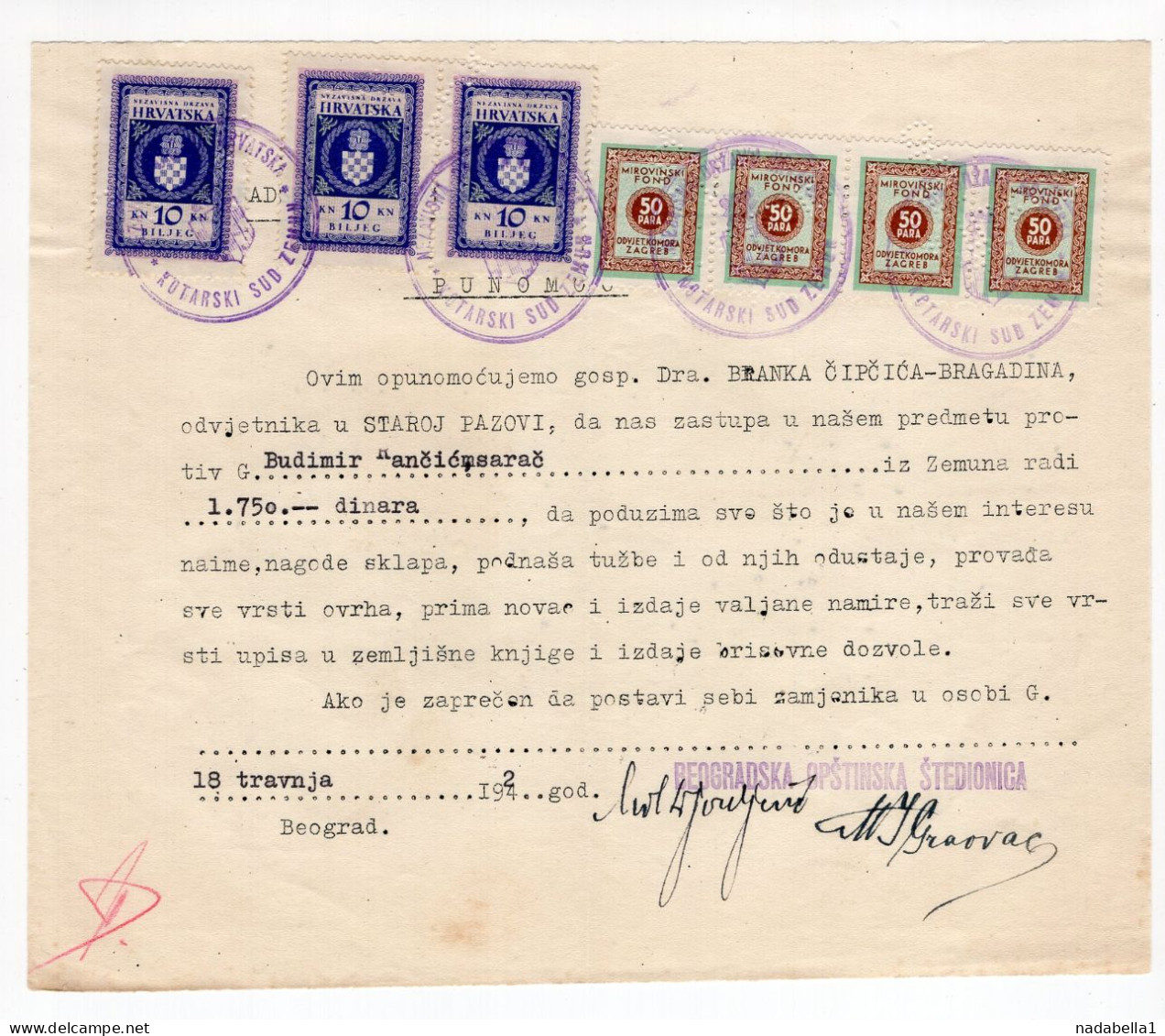 1942. NDH WWII CROATIA,ZEMUN,POWER OF ATTORNEY,3 X 10 KN NDH REVENUE STAMPS + 4 X  BAR ASSOCIATION PENSION FUND REVENUES - Croacia