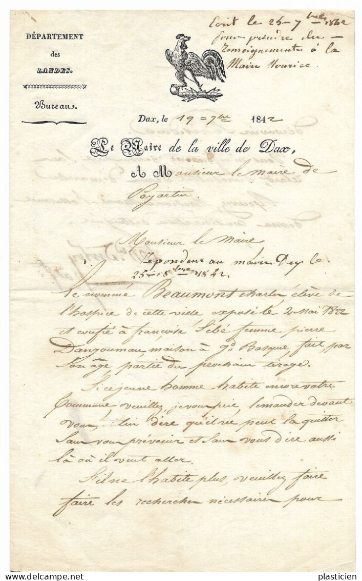 LETTRE MANUSCRITE AVEC EN TETE DEPARTEMENT DES LANDES MAIRE DE DAX (40)  , AU MAIRE DE POYARTIN 1842 - Manuscritos