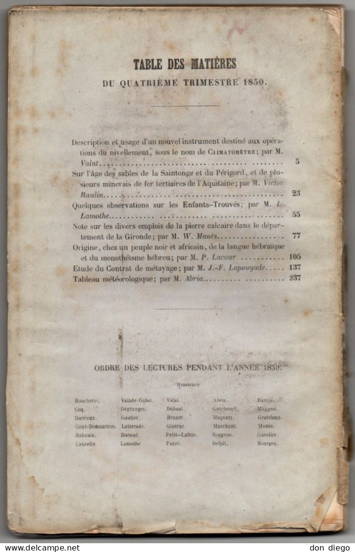 Actes De L'Académie Des Sciences, Belles-Lettres Et Arts De Bordeaux  1850 / Géologie Hébreu Enfants Trouvés Métayage... - Zeitschriften - Vor 1900