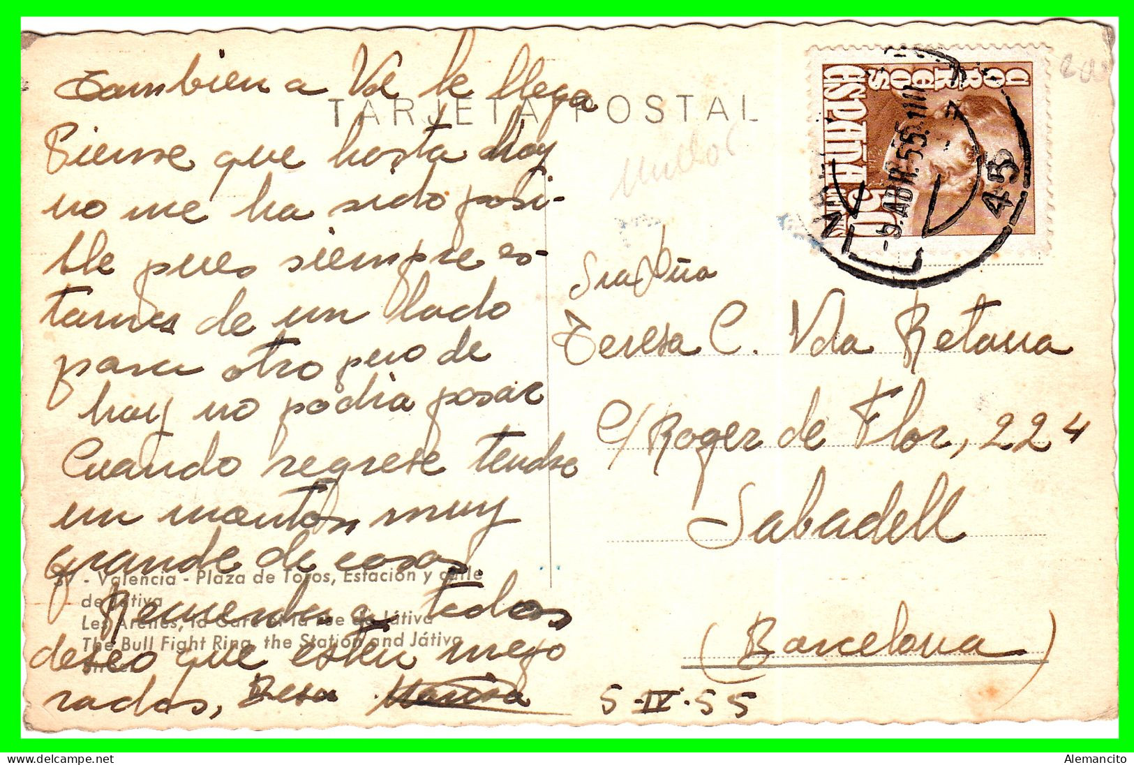 ESPAÑA ( COMUNIDAD VALENCIANA ) VALENCIA --    ( PLAZA DE TOROS Y ESTACIÓN ) POSTAL FRANQUEADA EN EL AÑO 1955 - Valencia