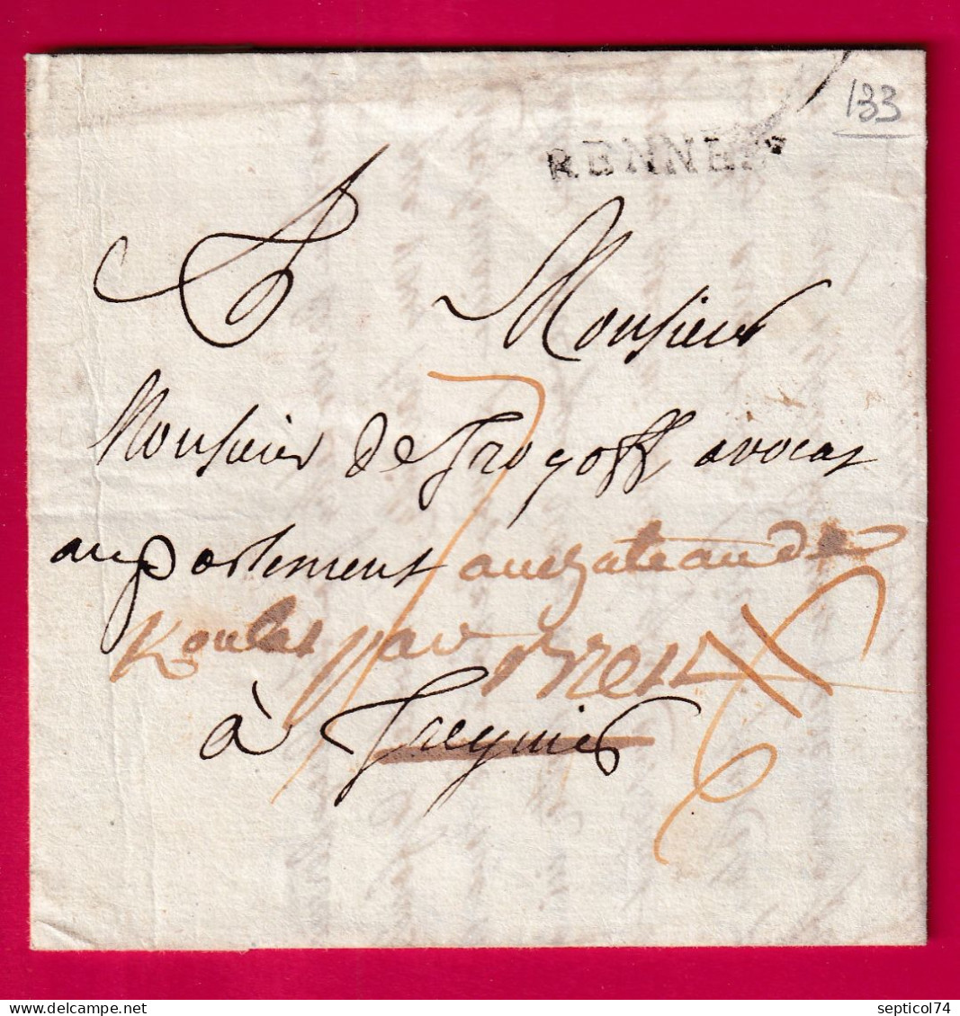 DEBOURSE DE GUINGAMP COTES DU NORD 1770 INDICE 17 MENTION BON POUR BREST DEPART RENNES LETTRE - 1701-1800: Precursors XVIII