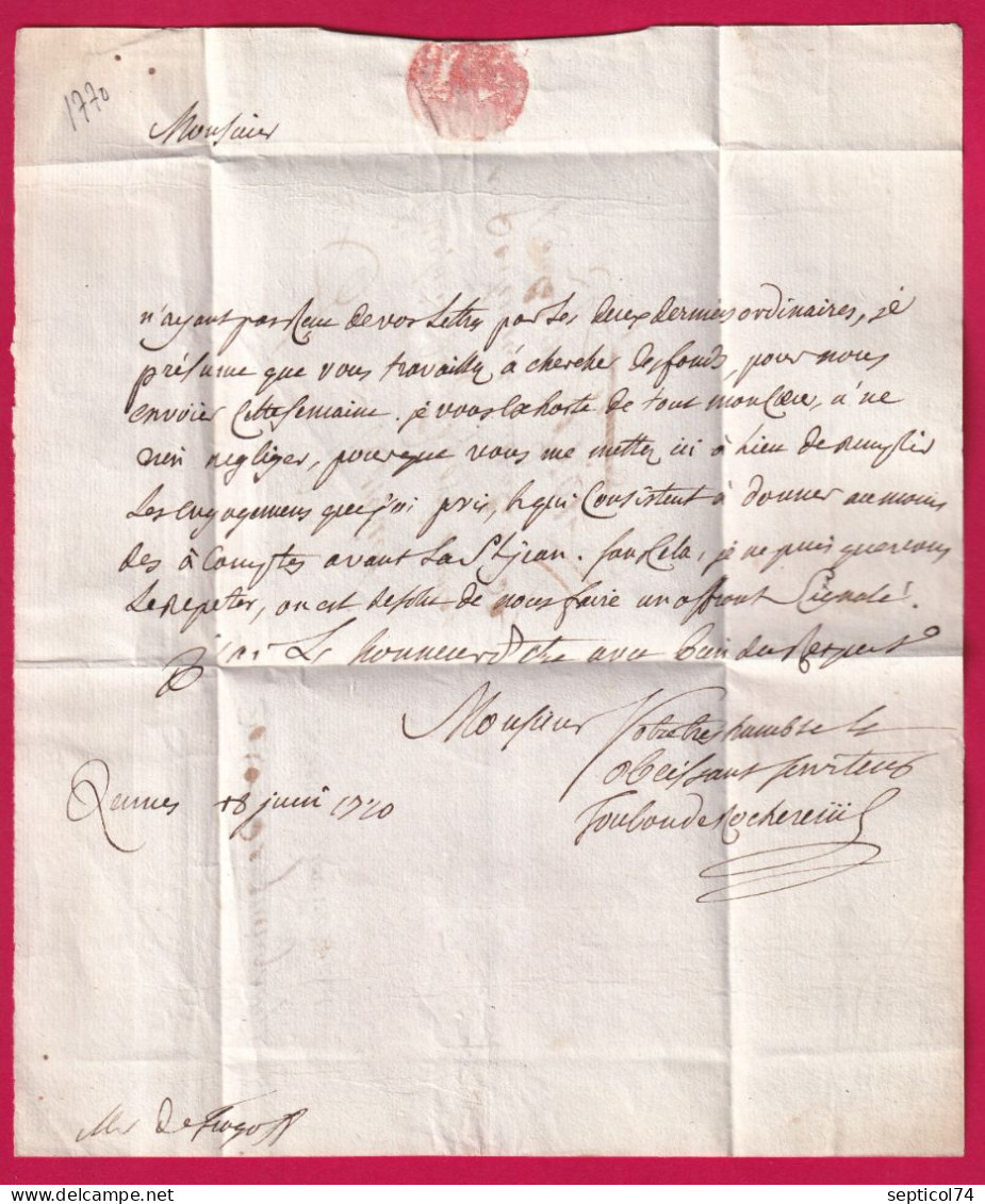 DEBOURSE DE GUINGAMP COTES DU NORD 1770 INDICE 17 MENTION BON POUR BREST DEPART RENNES LETTRE - 1701-1800: Voorlopers XVIII