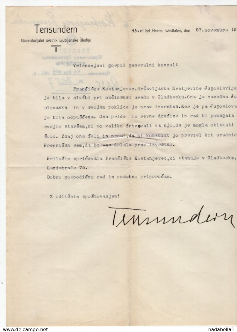 1933. KINGDOM OF YUGOSLAVIA,SLOVENIA,LJUBLJANA,TENSUNDERN,CONCEL OF LJUBLJANA DIOCESE,HOVEL BY HAMM TO DUSSELDORF CONSUL - Historische Documenten