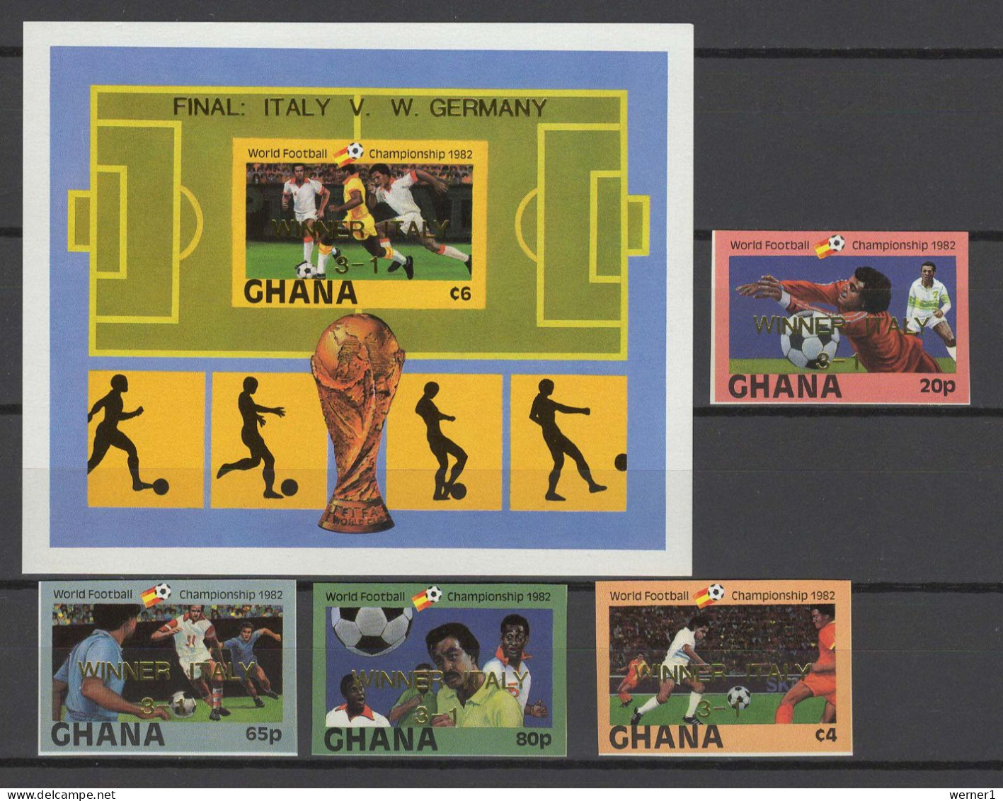 Ghana 1983 Football Soccer World Cup 4 Stamps + S/s Imperf. With Winners Overprint MNH -scarce- - 1982 – Espagne
