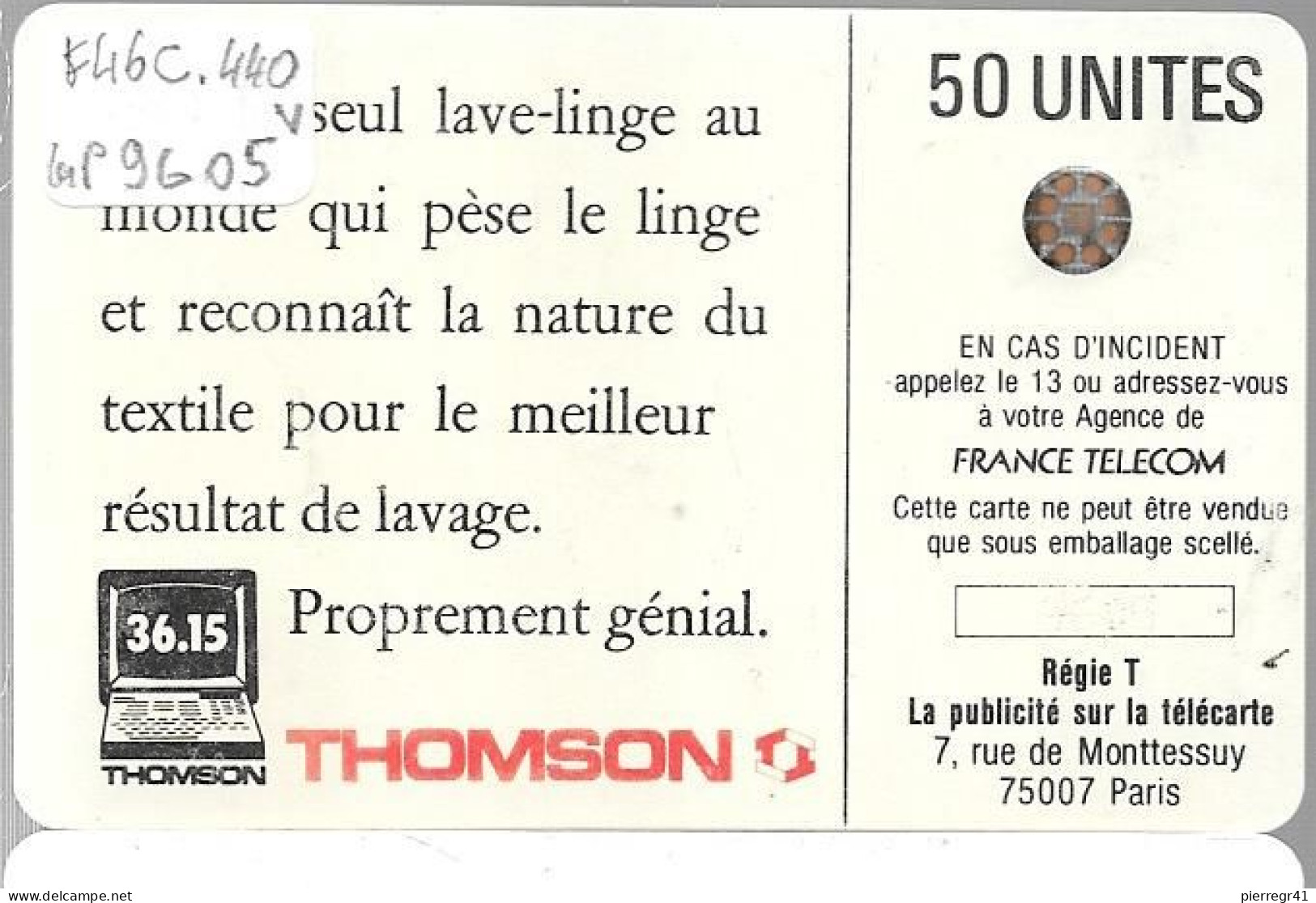 CARTE-PUBLIC-01/1989-F-46C.440-SC4on-S/E.-50U-ISO THOMPSON-OFFSET-CARTON-Impacts9605-V1 Logo Thompson Orange-Util-TBE - 1989
