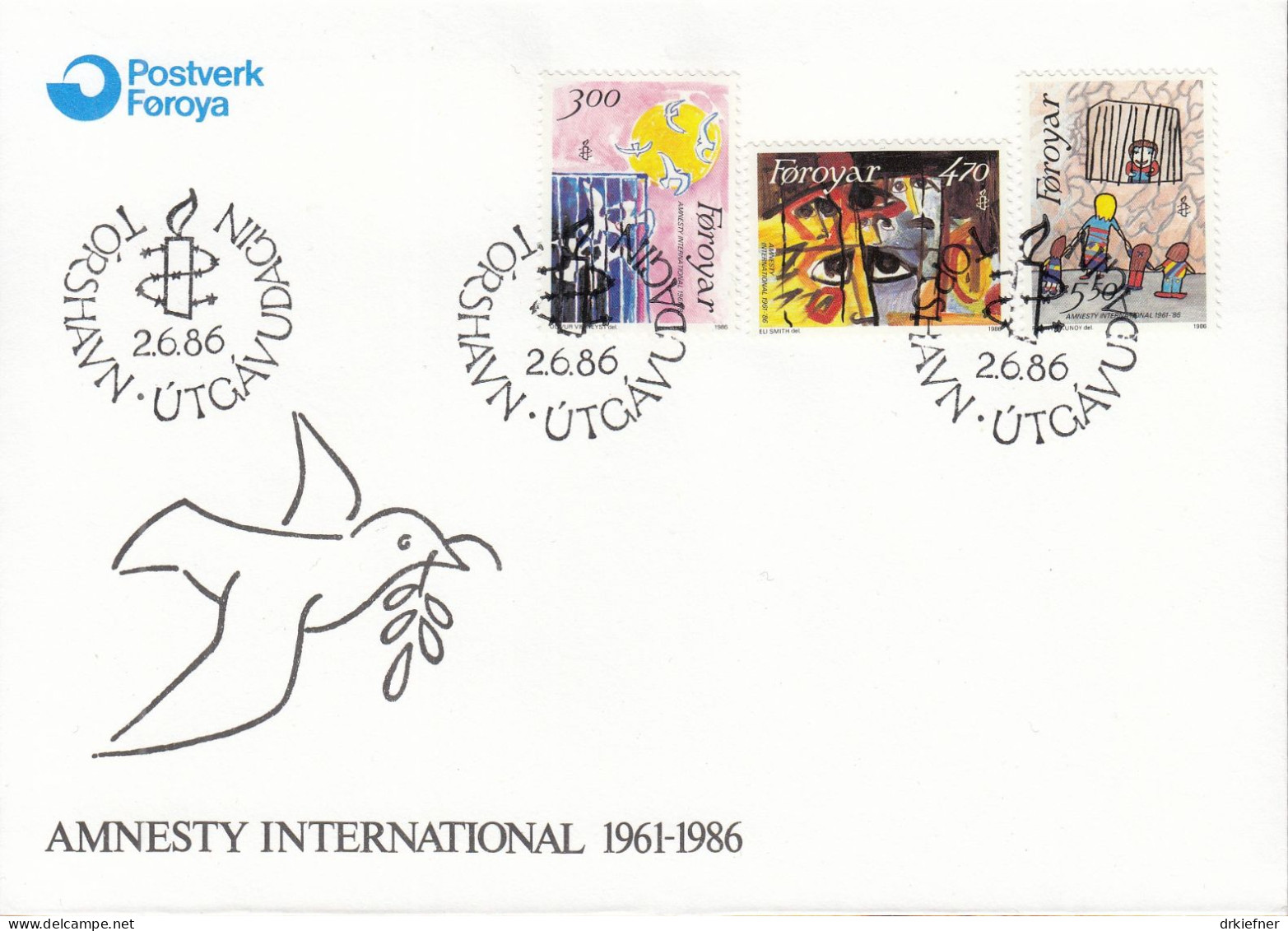 FÄRÖER  136-138, FDC, Amnesty International, 1986 - Faeroër