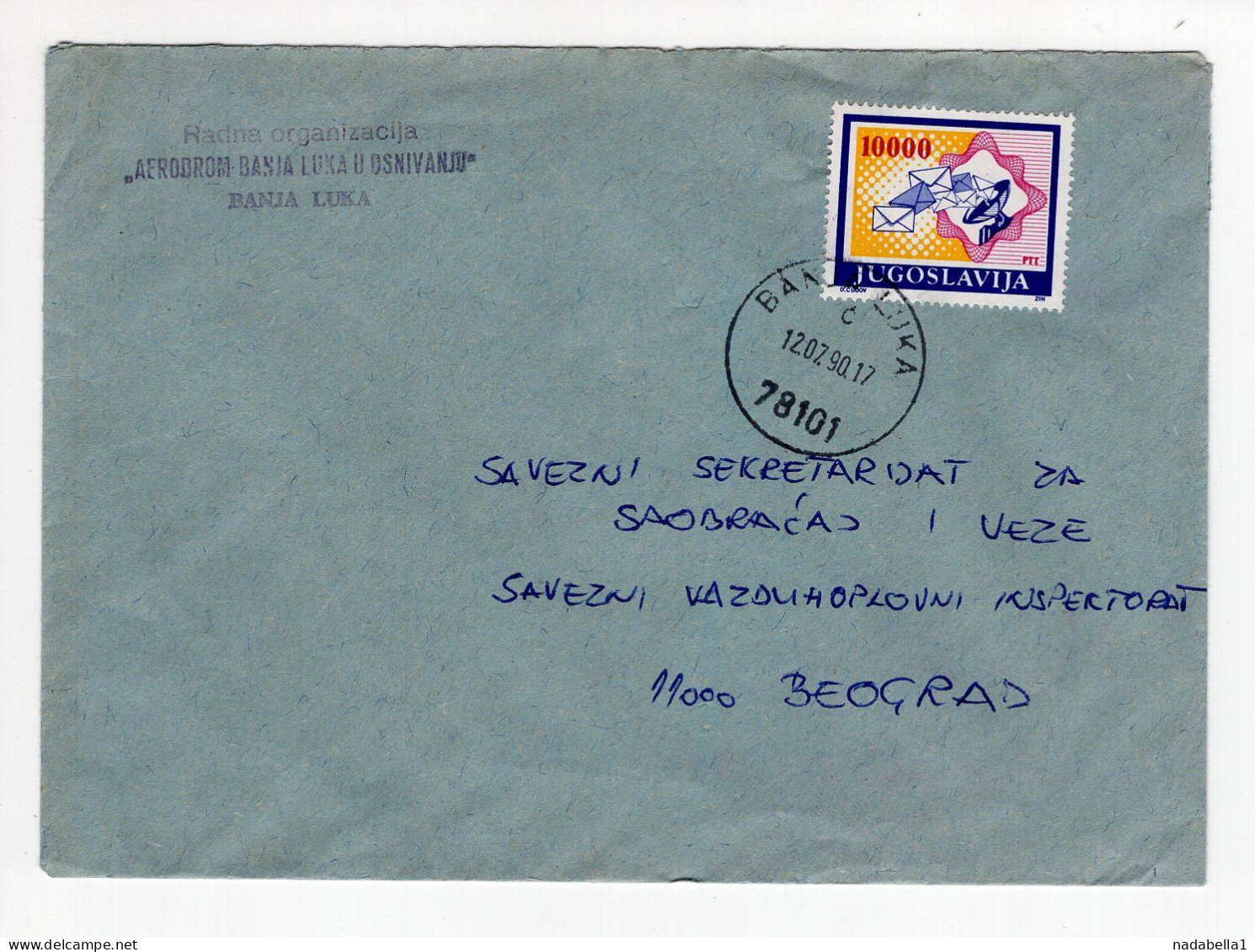 1990. INFLATIONARY MAIL,YUGOSLAVIA,BOSNIA,BANJA LUKA,COVER,10 000 DIN FRANKING,INFLATION - Lettres & Documents