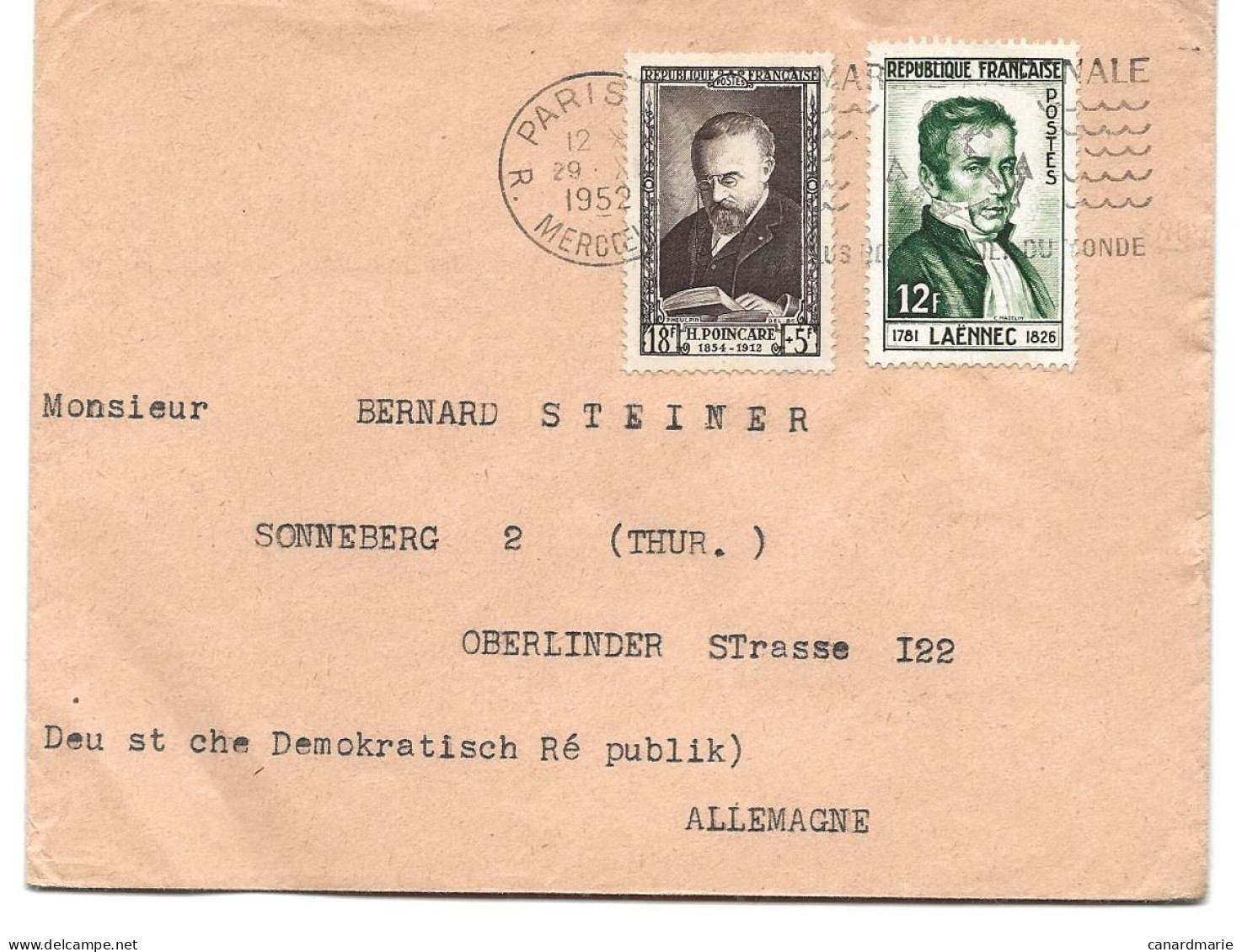 LETTRE 1952 POUR L'ALLEMAGNE AVEC 2 TIMBRES POINCARE / LAËNNEC - Briefe U. Dokumente