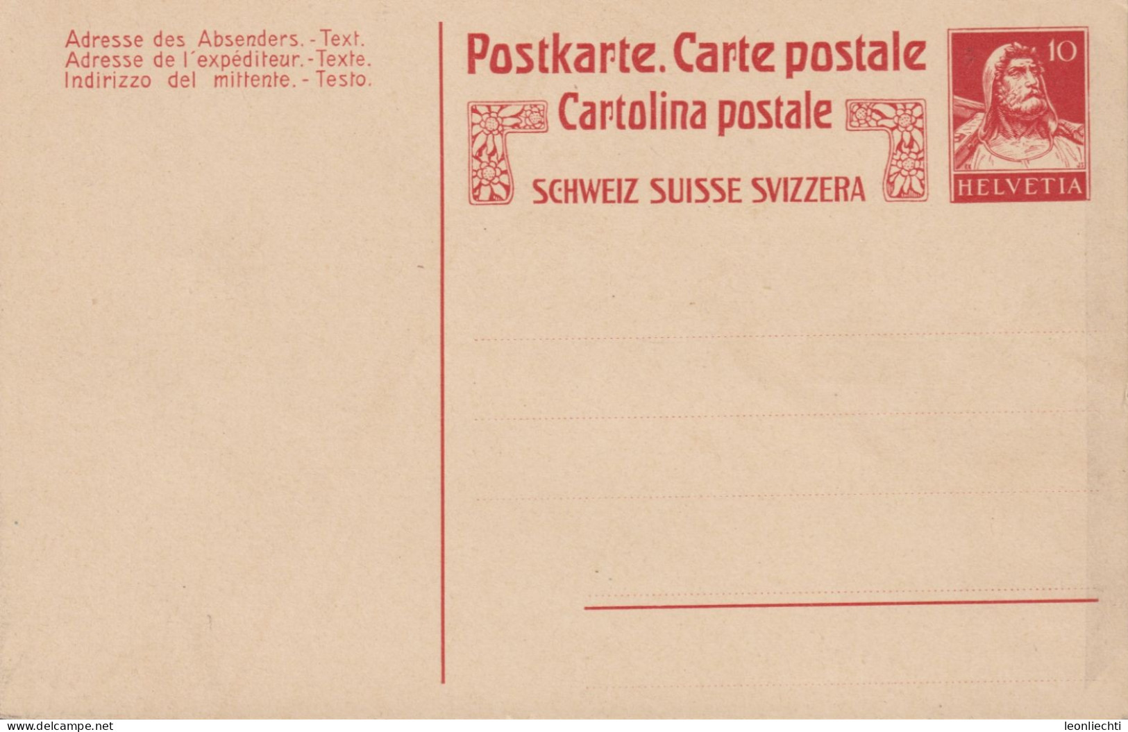 1914 Schweiz Postkarte, Zum: 62 10 Cts Rot Tell Brustbild - Ganzsachen