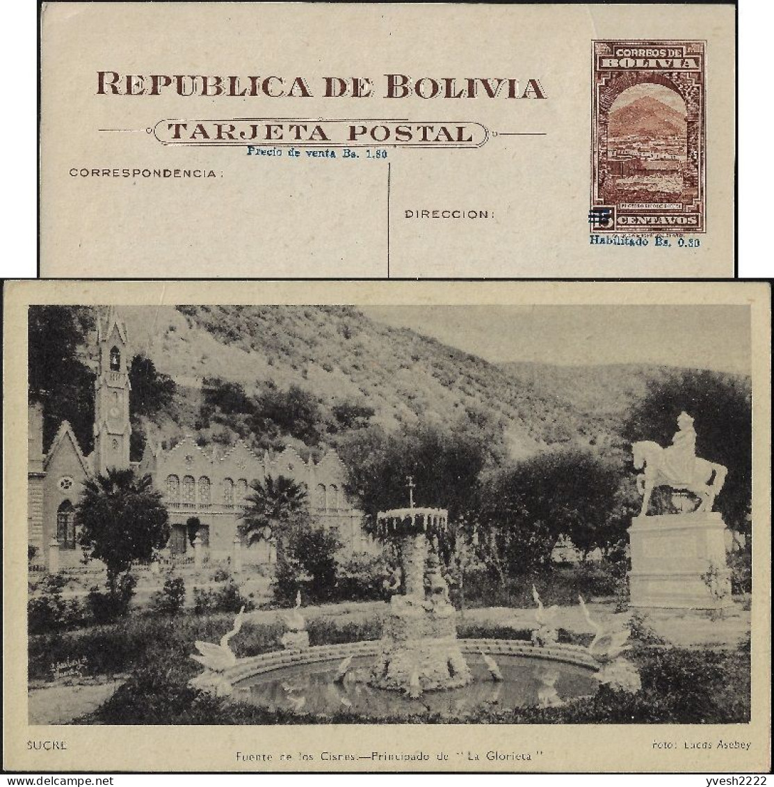 Bolivie 1945. Carte, Entier Postal Officiel. Fontaine Aux Cygnes Et Château La Glorieta à Sucre - Zwanen