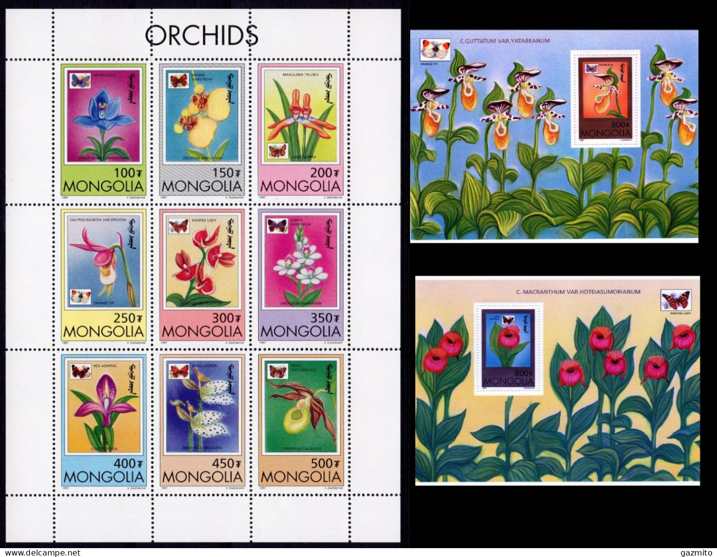 Mongolia 1997, Butterflies And Orchids, 9val In BF+2BF - Schmetterlinge