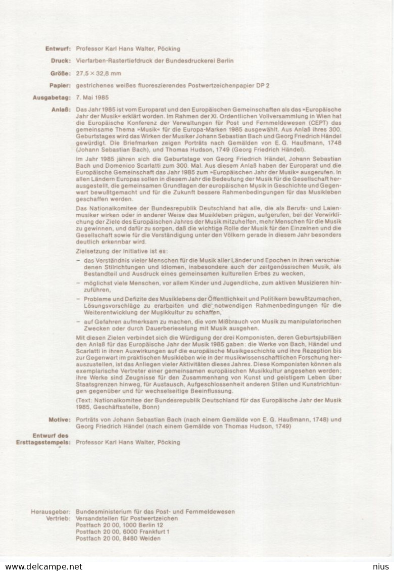 Germany Deutschland 1985-11 Bach & Handel Composer Compositeur Komponist Music Musik, Canceled In Bonn - 1981-1990