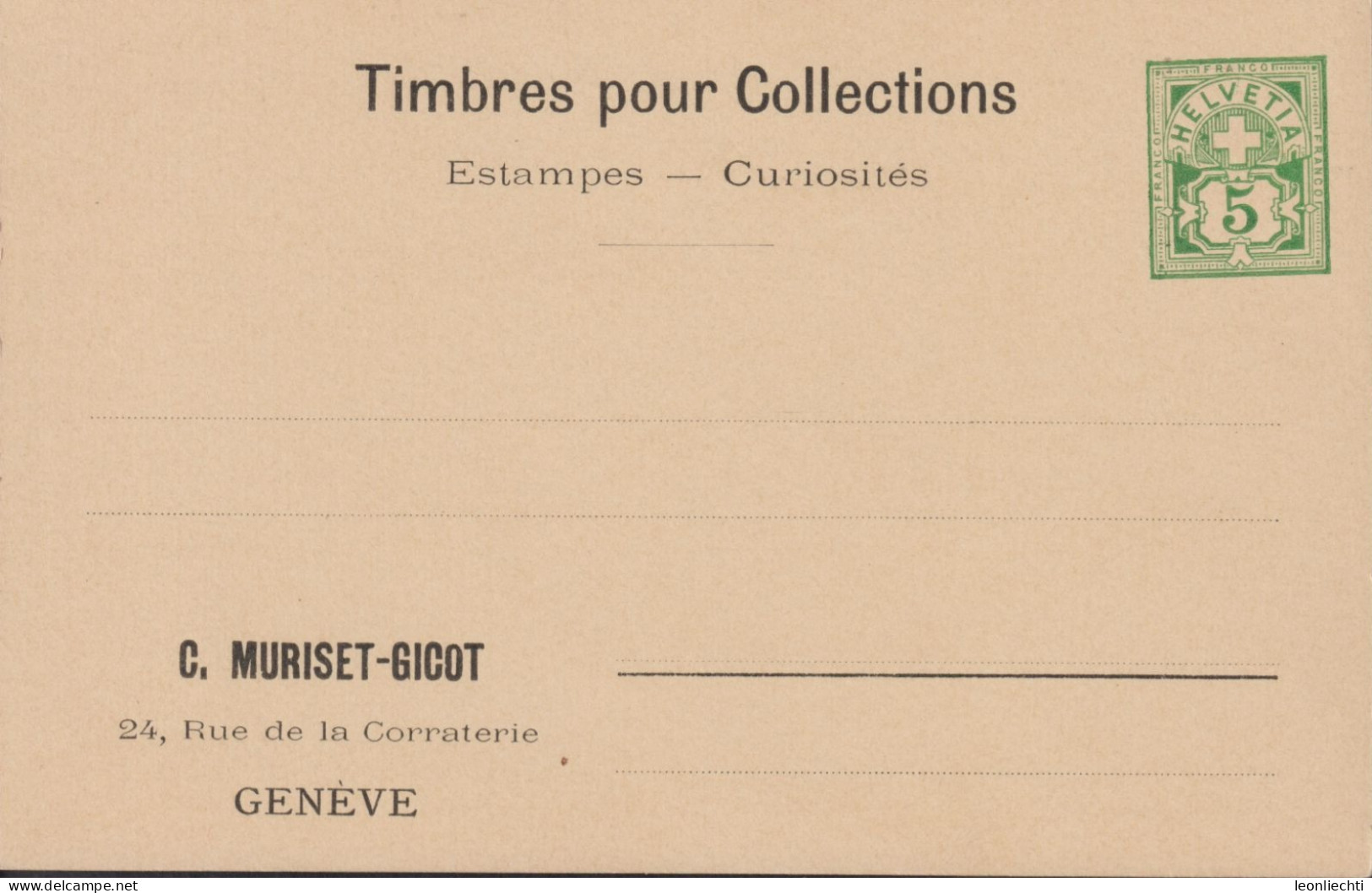 1907 Schweiz Privat-Postkarte, Zum: PrP 2 5 Cts Grün, Timbres Pour Collections, C. Muriset - Gicot Genève - Entiers Postaux