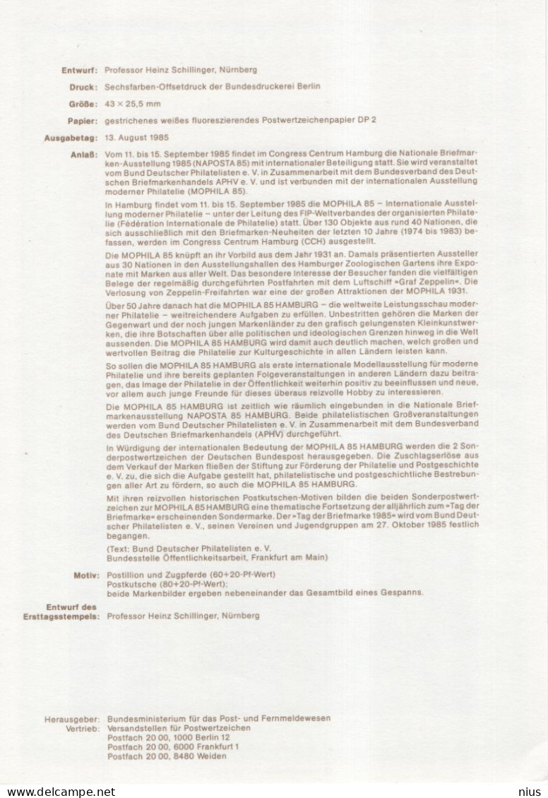 Germany Deutschland 1985-17 Mophila 85 Hamburg, Internationale Ausstellung Moderner Philatelie, Horse Carriage, Bonn - 1981-1990