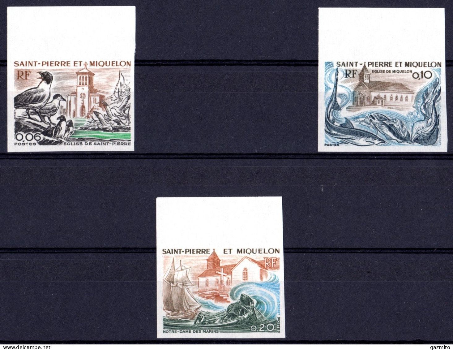 S. Pierre 1974, Island Churches, 3val IMPERFORATED - Unused Stamps