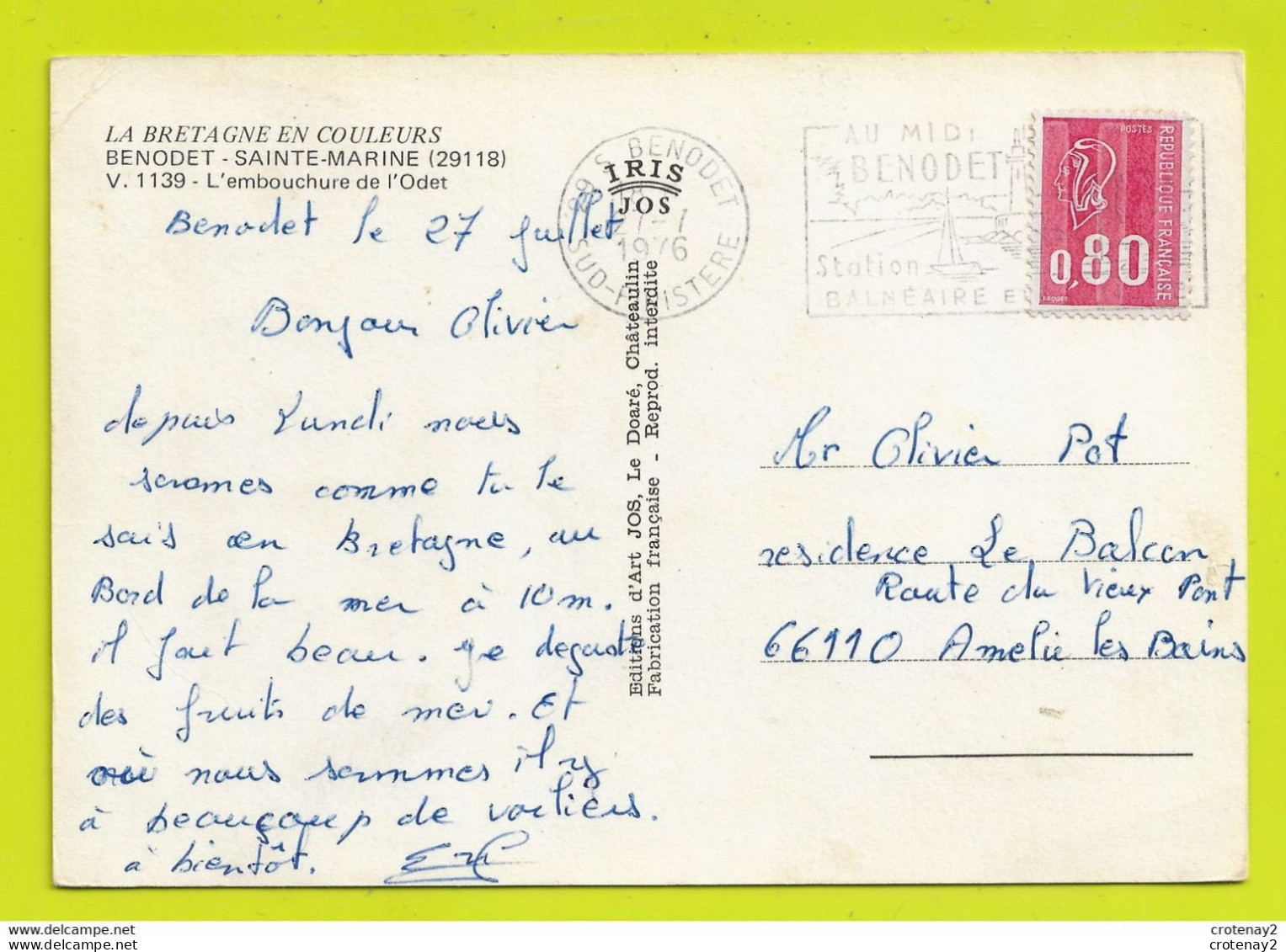 29 BENODET SAINTE MARINE N°1139 L'embouchure De L'ODET Envoyée à Amélie Les Bains En 1976 - Bénodet