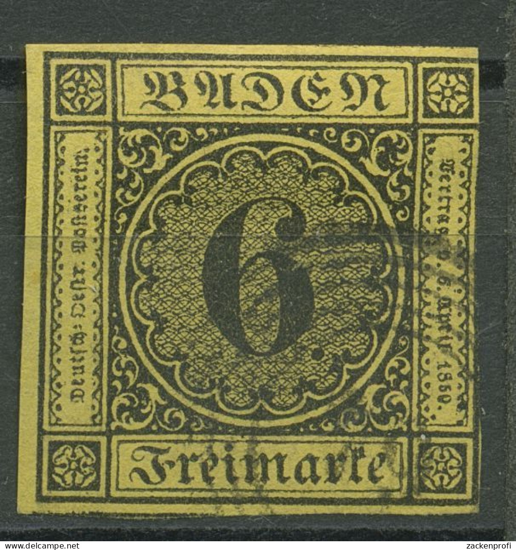 Baden 1853/54 6 Kreuzer Schwarz Auf Gelb 7 Gestempelt, Leicht Angeschnitten - Used