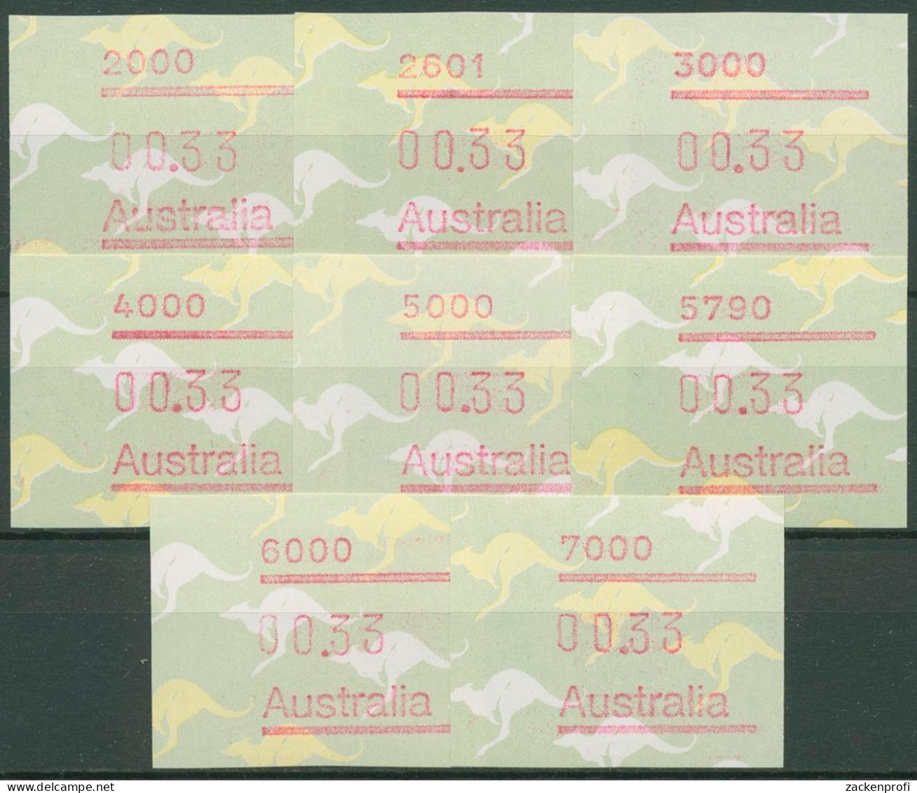 Australien 1985 Känguruh PO-Set (8 X 33 C) Automatenmarke 4 Postfrisch - Automatenmarken [ATM]