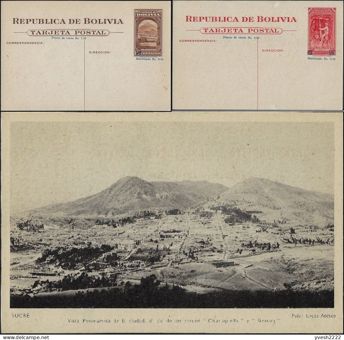 Bolivie 1945. 2 Cartes, Entiers Postaux Officiels. Sucre, Vue Panoramique, Montagnes  Sica-Sica Et Churuquella - Montagne