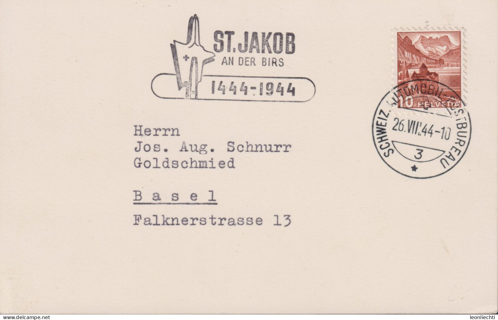 1944 Schweiz Karte, Zum: 257 Schloss Chillon, ST. JAKOB AN DER BIRS - Lettres & Documents