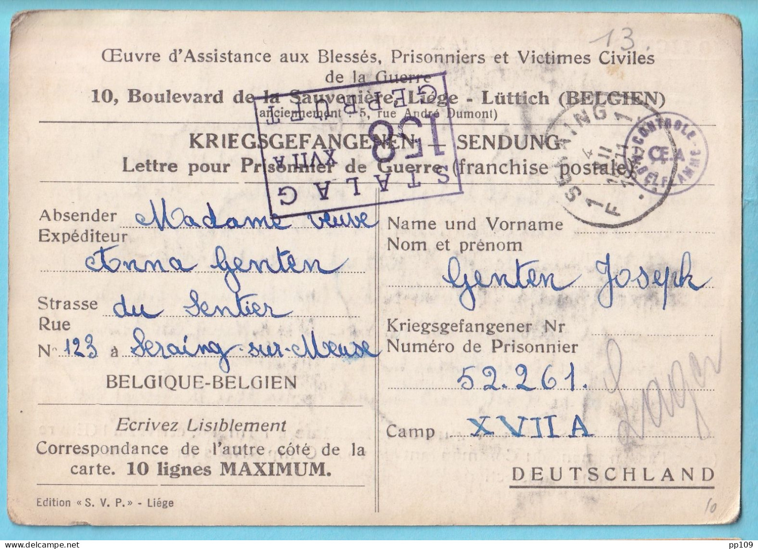  40-45 Kriegsgefangenen Sendung Prisonnier Belge Obl SERAING 4 XII 1940 Vers XVIIA  Stalag Geprüft Contrôle  BELFLAMME  - Guerre 40-45 (Lettres & Documents)