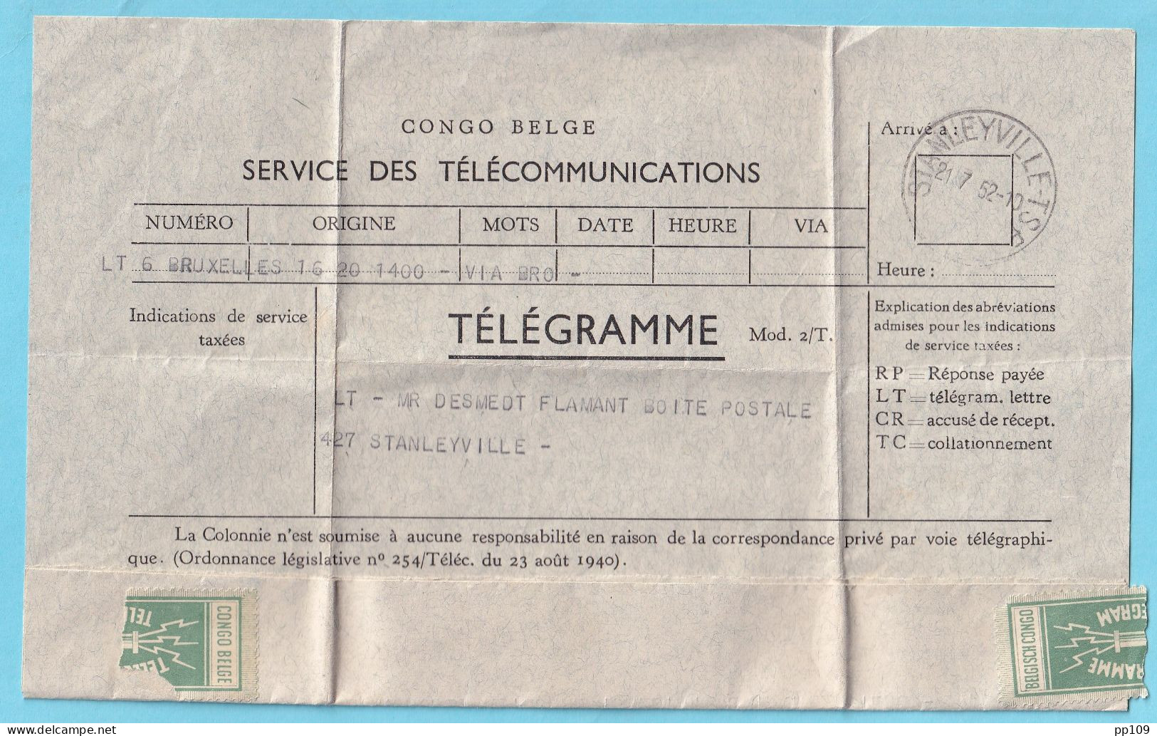 CONGO BELGE Télégramme  De Bruxelles   Obl STANLEYVILLE 21 VII 1952  - Telegramme