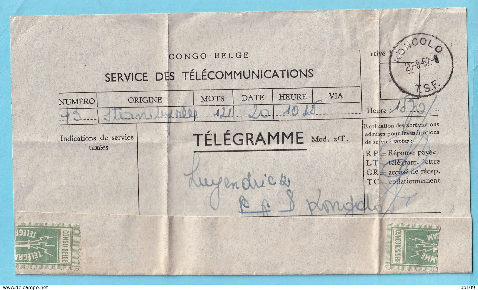 CONGO BELGE Télégramme Envoi Intérieur De Stanleyville  Obl KONGOLO T.S.F. Le 20 VIII 1952  - Télégrammes