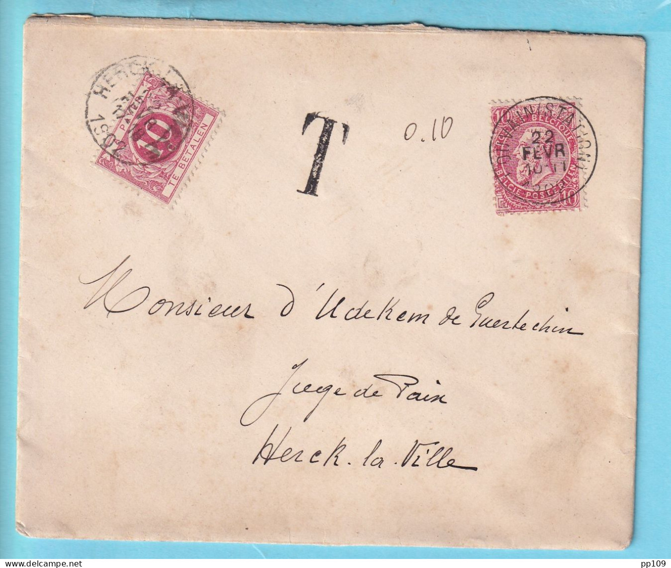 L TP Fine Barbe Obl LOUVAIN (Station) 2 II 1902  Taxée Double Port  HERCK LA VILLE (pas Courant)  - Cartas & Documentos