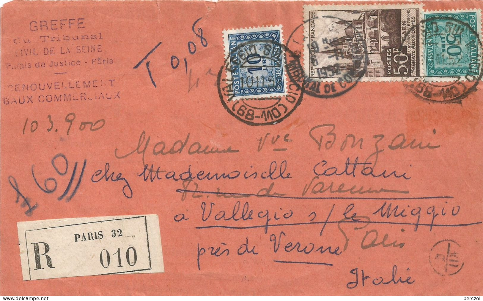 FRANCE ANNEE 1952 REC PARIS TRIBUNAL DE COMMERCE TP N°917 POUR Italie 6 11 1952+ TAXE ITALIE TB - Storia Postale
