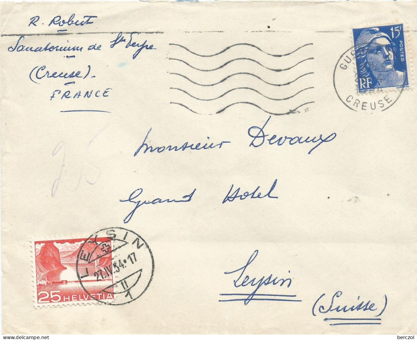 FRANCE ANNEE 1954 ENVELOP. TP N° 886 26 IV 54 POUR LEYSIN SUISSE+TAXE TB  - Brieven En Documenten